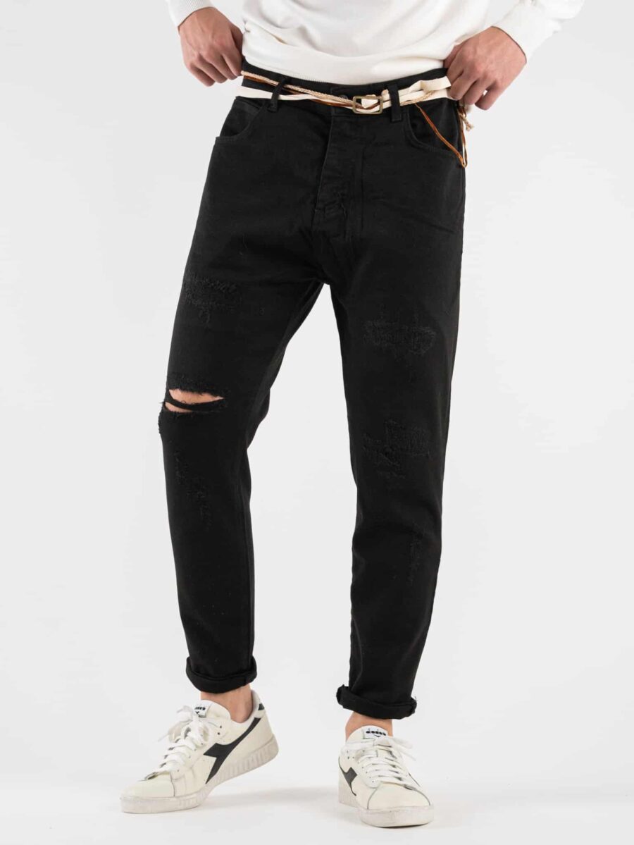 OVER-D Pantalone cinque tasche con rotture e cordino P30 Nero