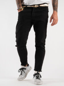 OVER-D Pantalone cinque tasche con rotture, taglio vivo e cordino P28 Nero (2)