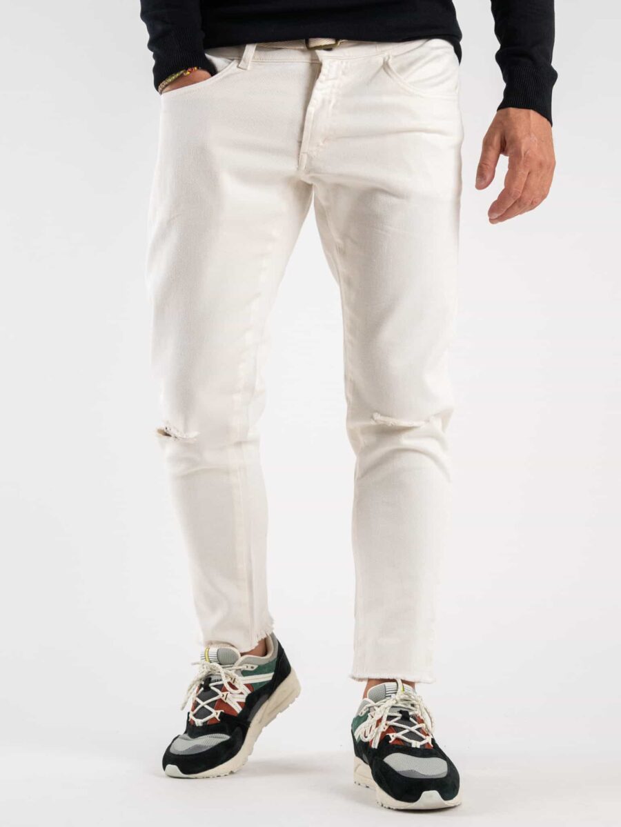 OVER-D Pantalone cinque tasche con rotture, taglio vivo e cordino P28 Panna