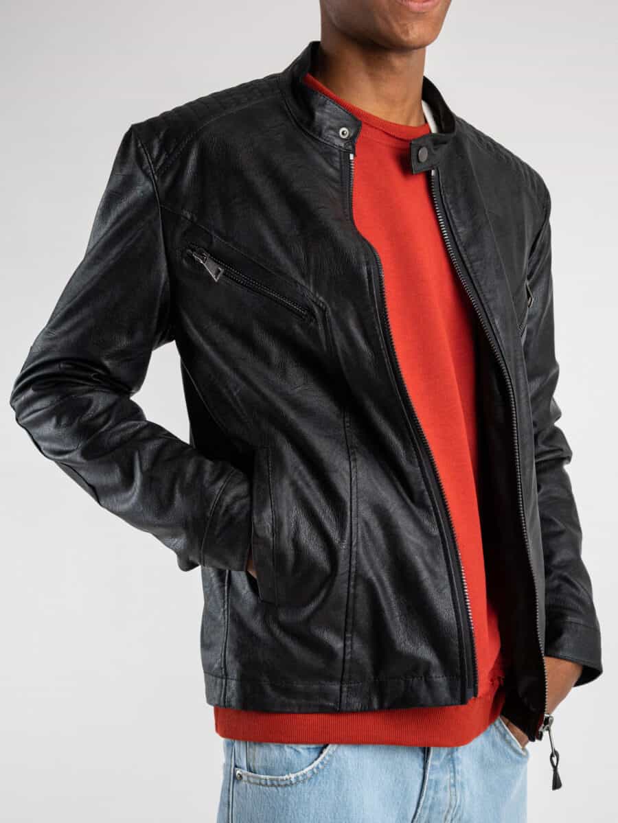 BERNA Biker in ecopelle con collo coreana, zip e tasche frontali 223157 Nero