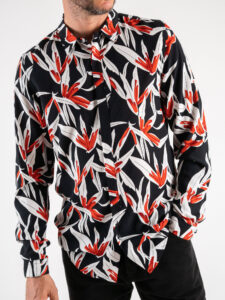 BERNA Camicia in viscosa con stampa foglie 223270 Nero (4)