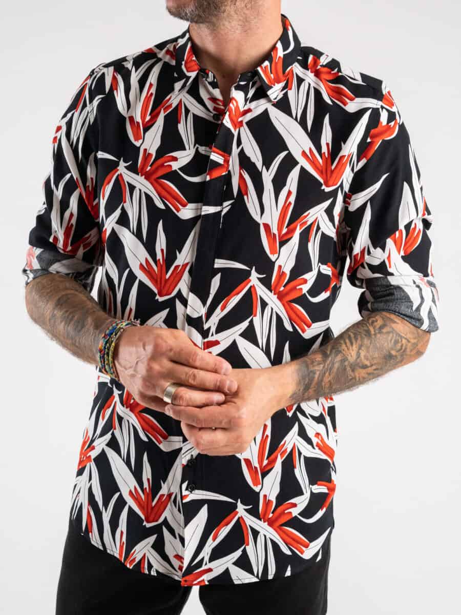 BERNA Camicia in viscosa con stampa foglie 223270 Nero