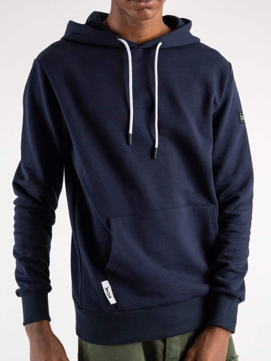 BL11 Felpa basica garzata con cappuccio, tascone e etichetta logo Blu Navy