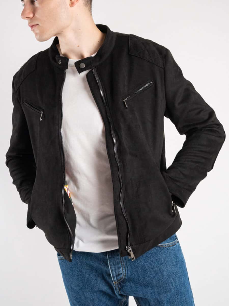 BL11 Giubbino biker in eco camoscio con collo coreana, zip e tasche frontali GUADALUPA Nero