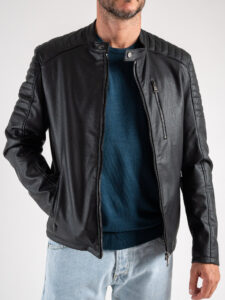 BL11 Giubbino biker in ecopelle con collo coreana, zip e tasche frontali ANTIGUA Nero (3)