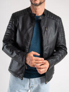 BL11 Giubbino biker in ecopelle con collo coreana, zip e tasche frontali ANTIGUA Nero (4)