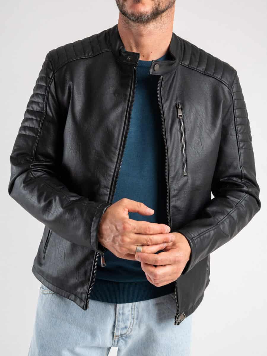 BL11 Giubbino biker in ecopelle con collo coreana, zip e tasche frontali ANTIGUA Nero