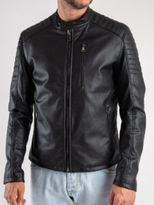 BL11 Giubbino biker in ecopelle con collo coreana, zip e tasche frontali ANTIGUA Nero (6)