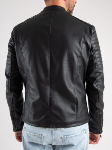 BL11 Giubbino biker in ecopelle con collo coreana, zip e tasche frontali ANTIGUA Nero (7)