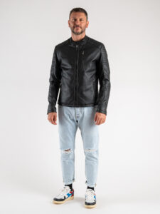 BL11 Giubbino biker in ecopelle con collo coreana, zip e tasche frontali ANTIGUA Nero (8)