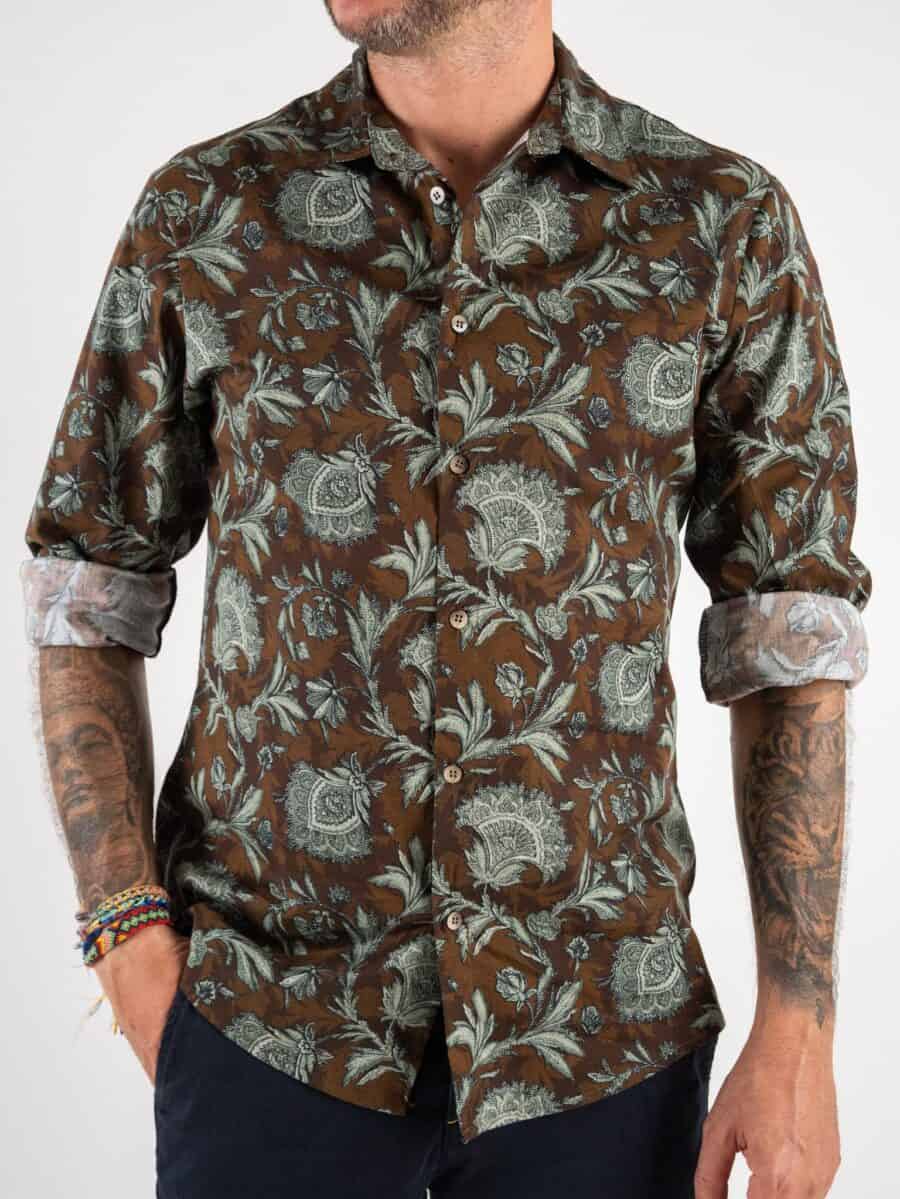 Camicia in cotone con colletto e stampa floreale RKOMI Marrone