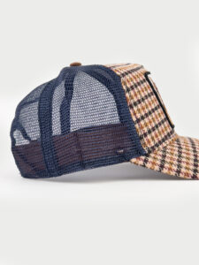 GOORIN BROS Cappellino pied de poule multicolor con retina beige e patch in pelle bianca stampa leone KING3