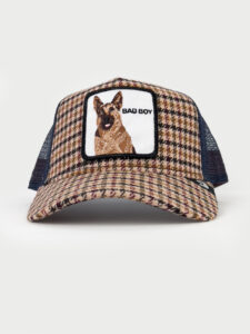 GOORIN BROS Cappellino pied de poule multicolor con retina blu e patch bianca stampa cane BAD BOY1