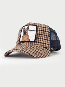 GOORIN BROS Cappellino pied de poule multicolor con retina blu e patch bianca stampa cane BAD BOY2