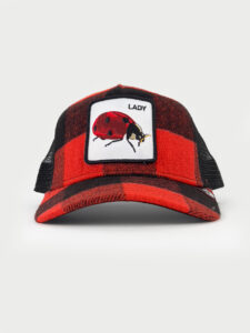 GOORIN BROS Cappellino scozzese rosso e nero con retina nera e patch bianca stampa coccinella LADY2