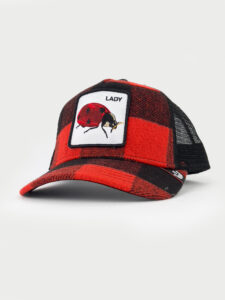GOORIN BROS Cappellino scozzese rosso e nero con retina nera e patch bianca stampa coccinella LADY3