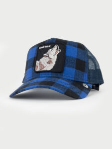 OORIN BROS Cappellino scozzese blu e nero con retina blu e patch nera stampa lupo LONE WOLF1