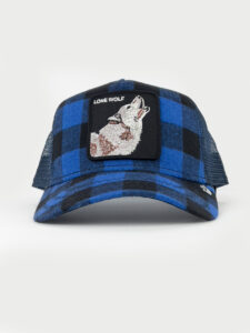 OORIN BROS Cappellino scozzese blu e nero con retina blu e patch nera stampa lupo LONE WOLF2