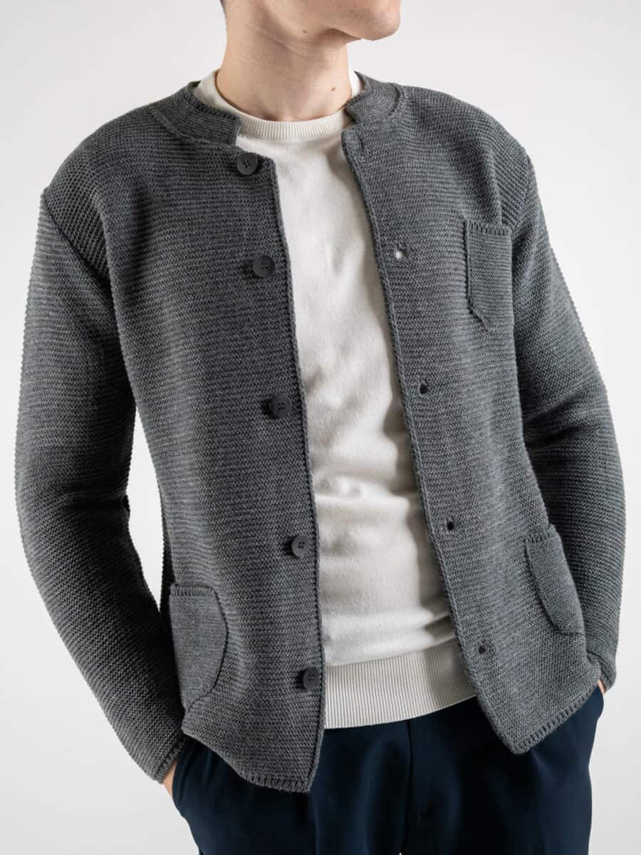 OVER-D Giacca basica in maglia con collo coreana Grigio Melange