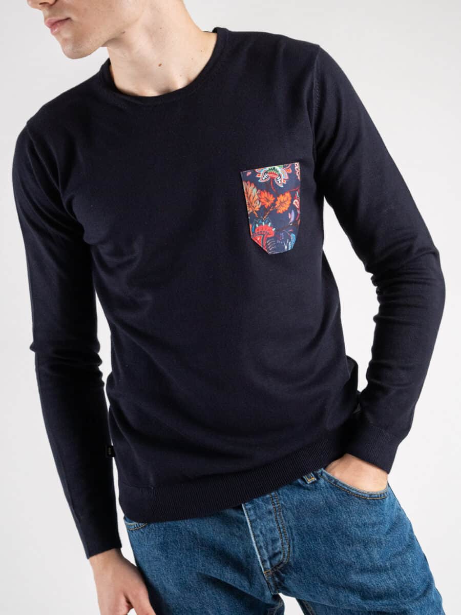 V2 Maglione girocollo basico con taschino FLOREALE 20 Blu