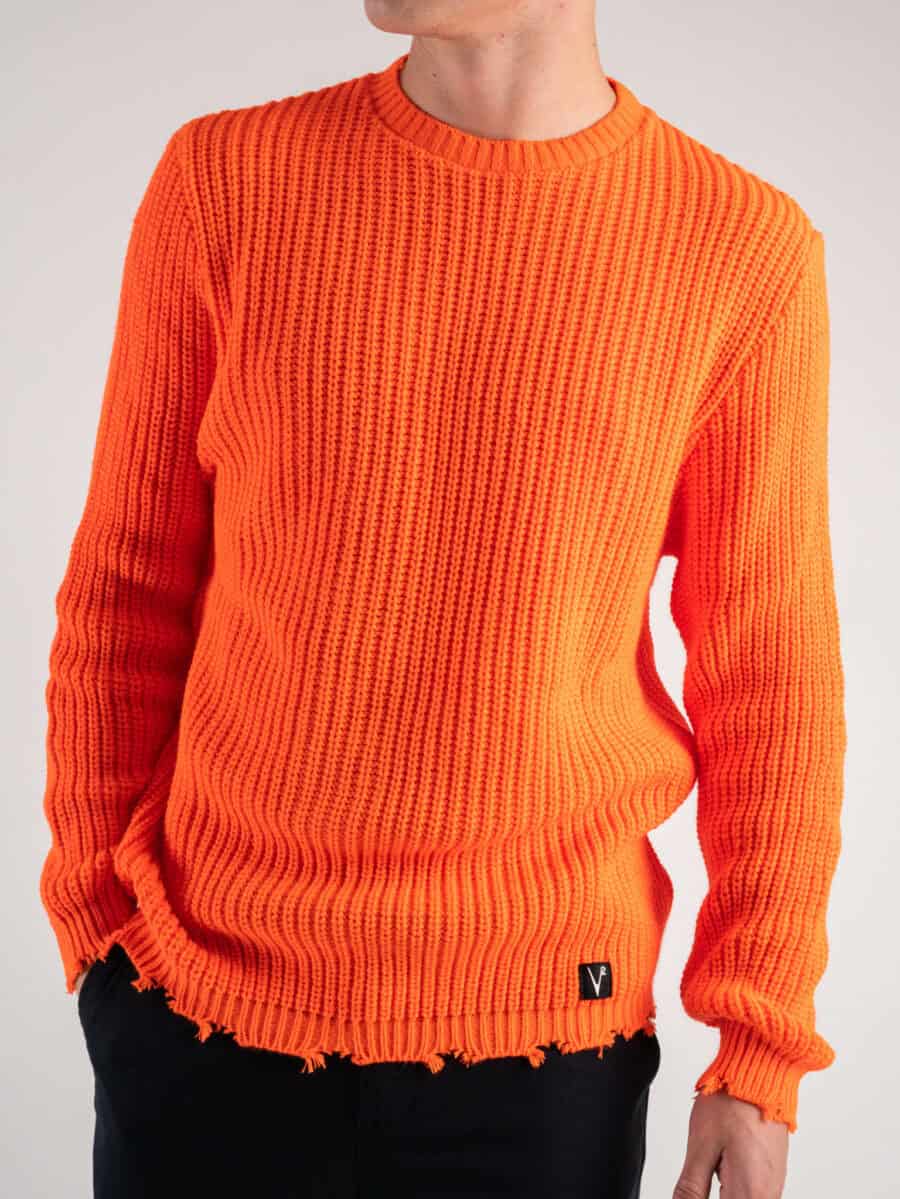 V2 Maglione girocollo misto lana con strappi sul fondo MASTR Arancio Fluo