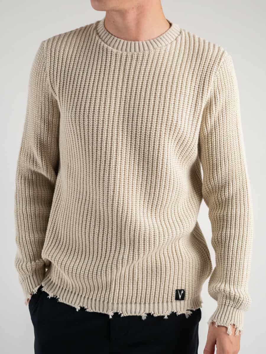 V2 Maglione girocollo misto lana con strappi sul fondo MASTR Burro