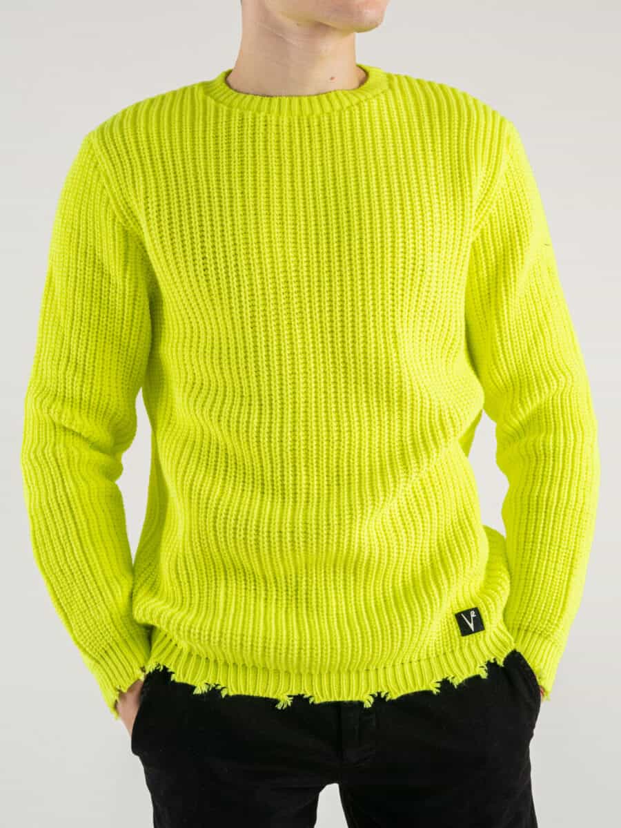V2 Maglione girocollo misto lana con strappi sul fondo MASTR Giallo Fluo