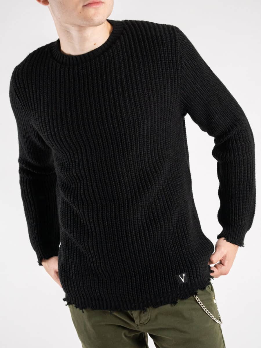 V2 Maglione girocollo misto lana con strappi sul fondo MASTR Nero