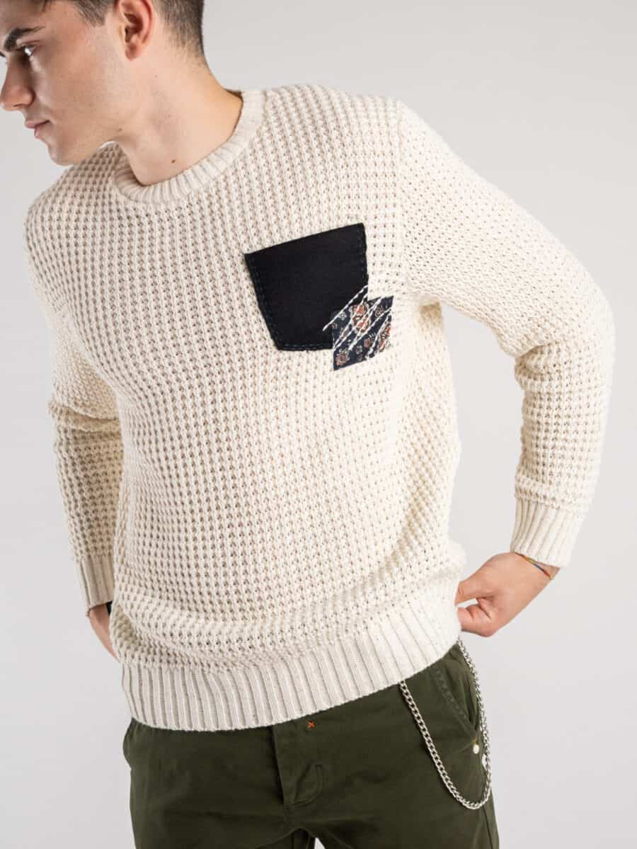 V2 Maglione girocollo misto lana con taschino PATCHWORK 22 Ecru