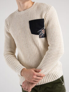 V2 Maglione girocollo misto lana con taschino PATCHWORK 22 Ecru (5)