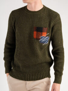 V2 Maglione girocollo misto lana con taschino PATCHWORK 22 Militare (2)