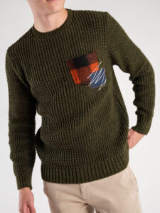 V2 Maglione girocollo misto lana con taschino PATCHWORK 22 Militare (4)