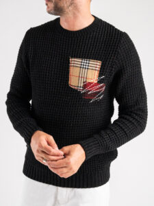V2 Maglione girocollo misto lana con taschino PATCHWORK 22 Nero (3)