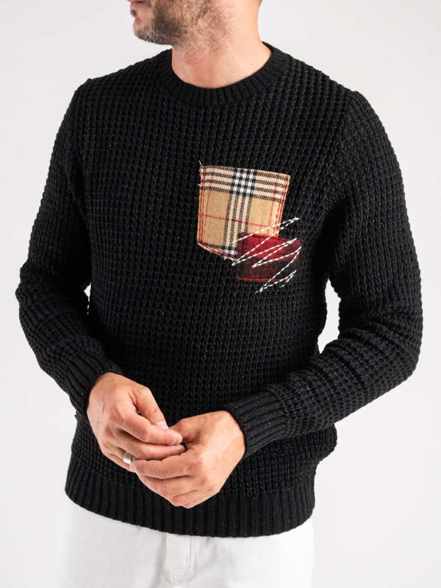V2 Maglione girocollo misto lana con taschino PATCHWORK 22 Nero