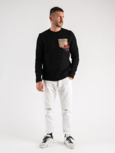 V2 Maglione girocollo misto lana con taschino PATCHWORK 22 Nero (5)