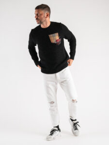 V2 Maglione girocollo misto lana con taschino PATCHWORK 22 Nero (6)