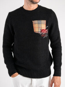 V2 Maglione girocollo misto lana con taschino PATCHWORK 22 Nero (7)