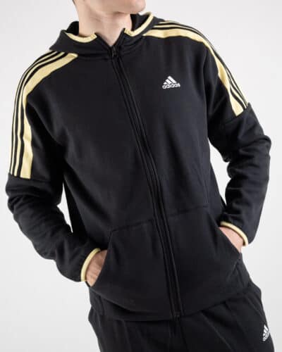 ADIDAS Felpa nera con cappuccio e zip logo e fasce gialle HK4460 Prezzo 74 99 Estasi Fashion