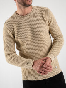 BL11 Maglione girocollo a costine con piccole rotture su collo, polsini e fondo KIR Beige (6)