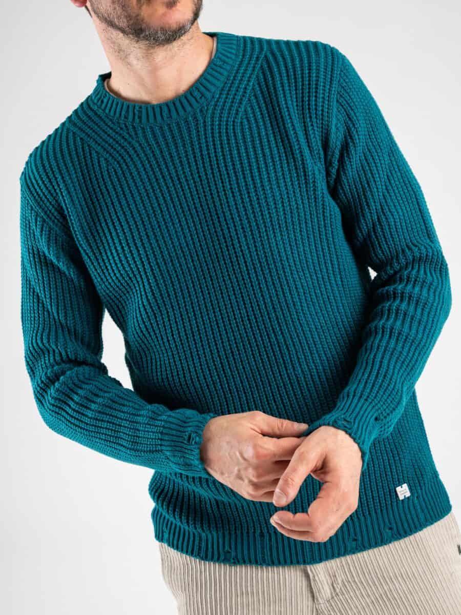 BL11 Maglione girocollo a costine con piccole rotture su collo, polsini e fondo KIR Petrolio