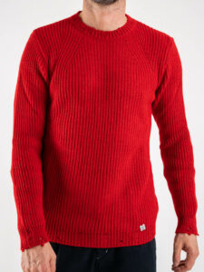 BL11 Maglione girocollo a costine con piccole rotture su collo, polsini e fondo KIR Rosso (2)