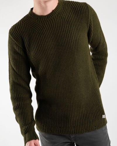 BL11 Maglione girocollo a costine con piccole rotture su collo, polsini e fondo KIR Verde Militare