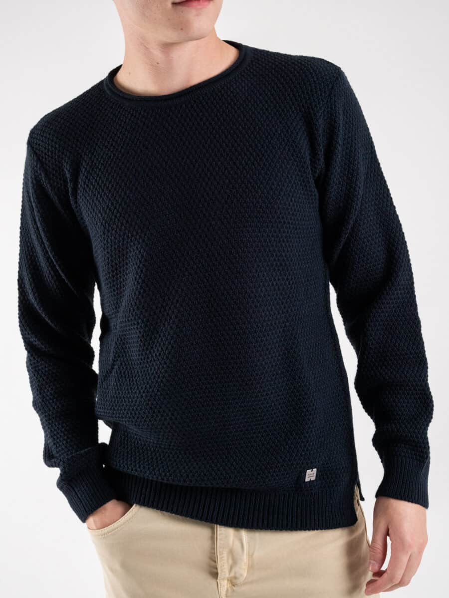 BL11 Maglione girocollo misto lana lavorato BELLINI Blu Navy
