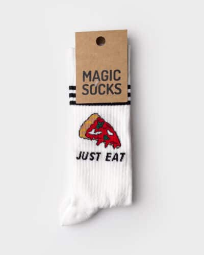 MAGIC SOCKS Calze in spugna unisex tg. unica stampa JUST EAT Bianche Nuovi Arrivi