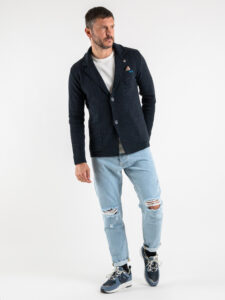 V2 Giacca in maglia misto lana merino puntinata con pochette GULPBOBL Blu (8)