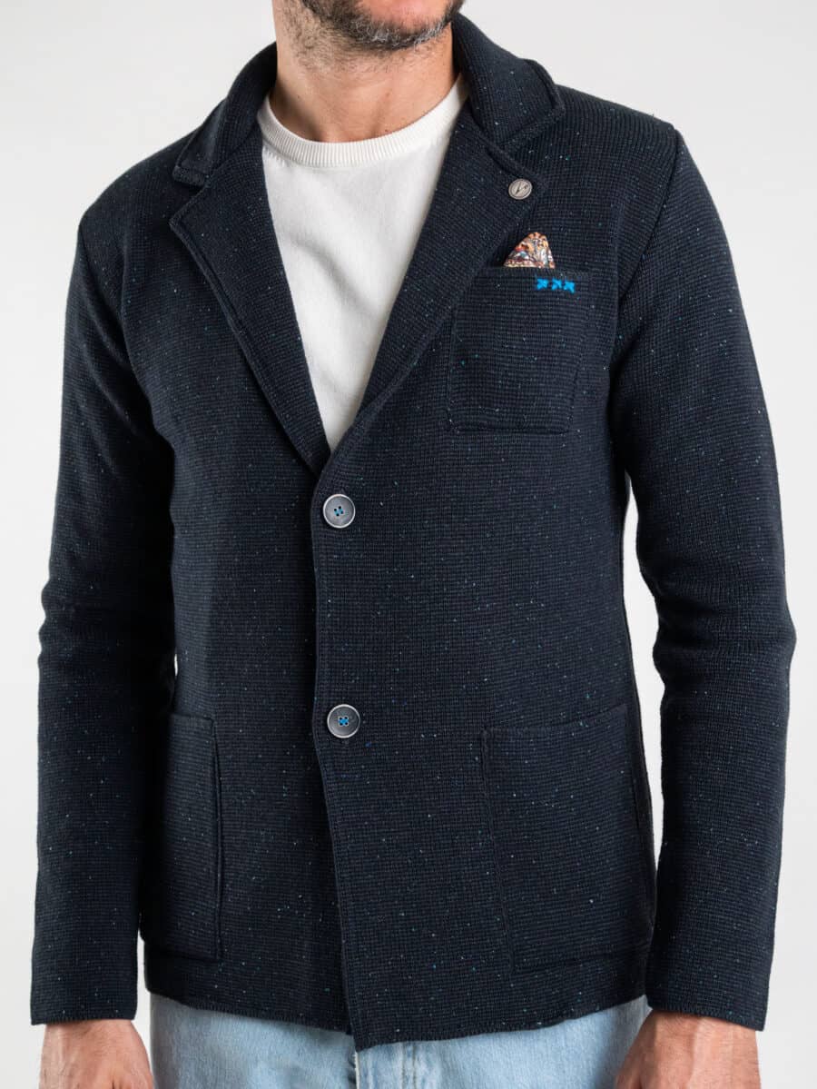 V2 Giacca Blu in maglia misto lana merino puntinata con pochette GULPBOBL