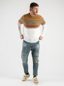 BERNA Maglione girocollo bicolore con greche misto lana 215288 Panna (2)