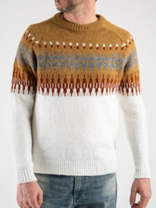 BERNA Maglione girocollo bicolore con greche misto lana 215288 Panna (3)