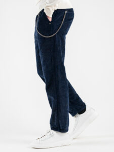 BERNA Pantalone damascati in velluto a costine con catenella removibile 215190 Blu (9)