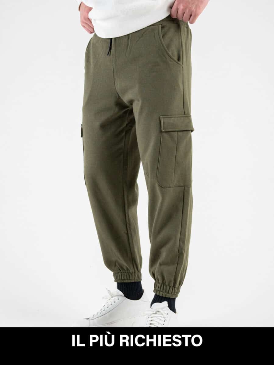 Pantalone tuta felpato con tasche laterali e polsini 30049 Verde